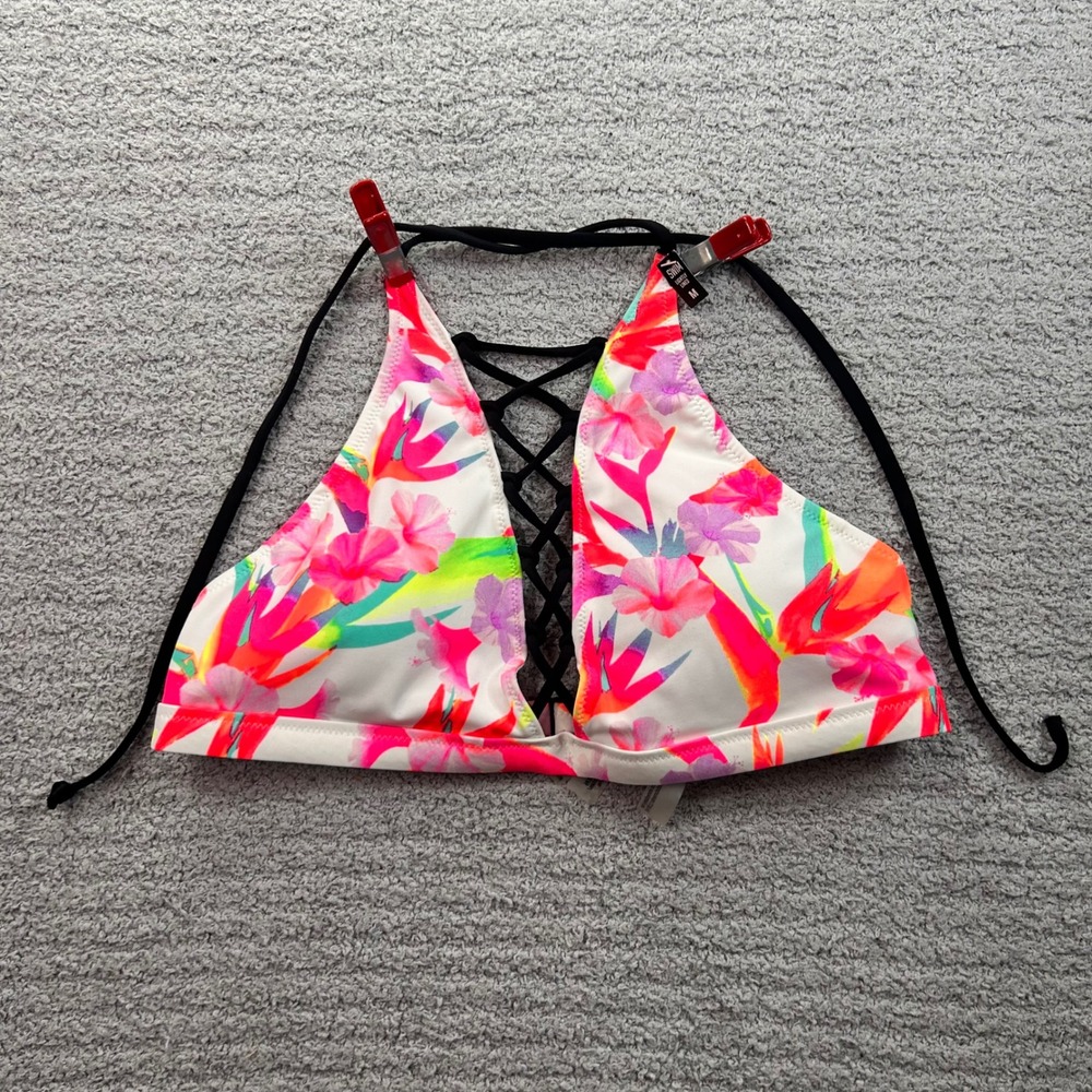 NWT Victoria's Secret PINK Bikini Top High Neck Lace Up Floral M Tropical Boho